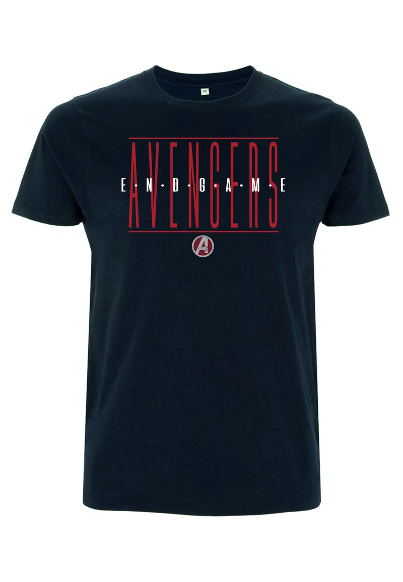 Černé bavlněné tričko s červeným nápisem "AVENGERS ENDGAME" a bílými akcenty, s kruhovým logo Avengers uprostřed spodní části.