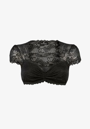 Schwarzer Spitzen-BH mit kurzen Ärmeln, der florale Muster, geraffte Vorderseite, gezackte Kanten und durchsichtigen Stoff aufweist. Größenetikett sichtbar.