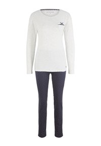 Two-piece sleepwear set featuring a light gray long-sleeve top with a small chest pocket and navy polka dot pants in a fitted design.