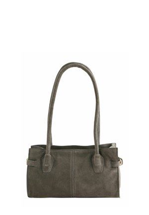 Rechteckige dunkelgraue Veloursleder-Handtasche mit langen Griffen und minimalen Nahtdetails auf weißem Hintergrund.