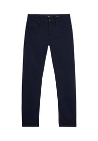 Jeans in denim blu navy con vestibilità slim, dotati di cinque tasche, passanti per cintura e cerniera frontale. Tessuto liscio, colore uniforme e senza segni di usura visibili.