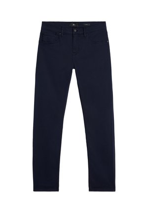 Marineblauwe denim jeans met een slanke pasvorm, voorzien van vijf zakken, riemlussen en een rits aan de voorkant. Gladde textuur, egale kleur en geen zichtbare slijtage.