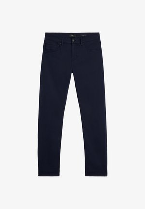 Marineblauwe denim jeans met een slanke pasvorm, voorzien van vijf zakken, riemlussen en een rits aan de voorkant. Gladde textuur, egale kleur en geen zichtbare slijtage.