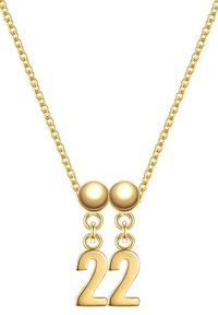 Guldkedja med en kedja som har två runda pärlor och siffran "22" som hänge, med en polerad yta och jämn textur.