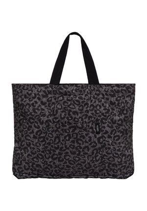 Grand sac fourre-tout rectangulaire avec de courtes poignées noires, présentant un tissu à imprimé léopard abstrait en gris foncé et noir.