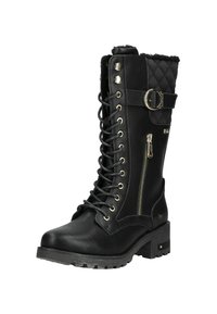 Botte mi-haute en cuir noir avec lacets, fermeture éclair latérale, bordure matelassée, sangle avec boucle en métal et talon bas carré.