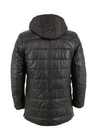 Schwarze, gesteppte Lederjacke mit angehängter, gepolsterter Kapuze, von hinten gezeigt.
