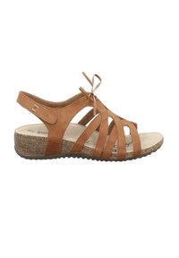 Sandale en cuir marron avec plusieurs brides croisées, bout ouvert et bride arrière ajustable. Dispose d'une semelle texturée imitation liège pour une meilleure adhérence.