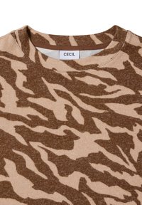 Brauner und beiger Pullover mit einem Tigerstreifenmuster, aus strukturiertem Stoff gefertigt. Verfügt über einen Rundhalsausschnitt und ein Etikett mit der Aufschrift "CECIL."