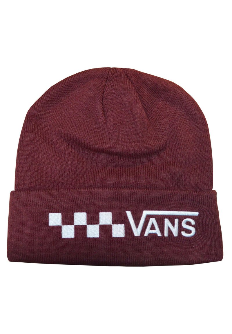 Bonnet bordeaux en tissu tricoté, avec un revers replié. Il présente un motif à carreaux blancs et la marque 'VANS' brodée sur le devant.