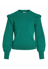 Grön ribbad långärmad tröja med volangdetaljer på axlarna och rund halsringning.