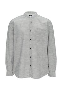 Langharig shirt in grijs en wit gestreepte stof, met een mandarin kraag, knoopsluiting en een enkele borstzak met een zwarte rand.