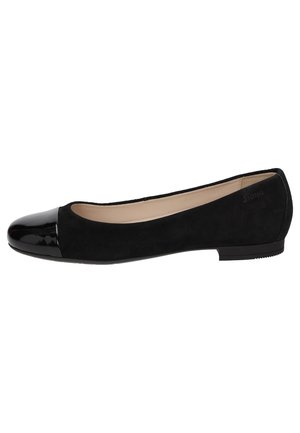 Black suede ballet flat with a glossy black patent toe cap. Rounded shape, minimal detailing, and a low rubber heel for comfort.