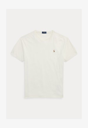 Valge puuvillane T-särk ümara kaelusega ja lühikeste varrukatega. Vasakul rinnal on väike tikitud logo. Sile tekstuur, klassikaline lõige.