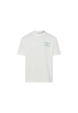 T-shirt blanc à manches courtes et col rond avec un petit texte vert "AMALFI 1986 CAMPANIA ITALIA" sur la partie supérieure gauche de la poitrine.