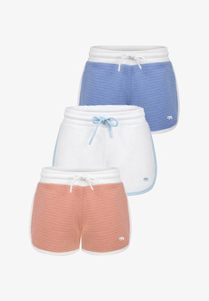 Kolm paari lühikesi pükse erinevates värvustes: valged siniste aksentide jaotusega, sinised valgete triipudega ning oranžid valgete triipudega. Pehme kangas, juhuslik disain.