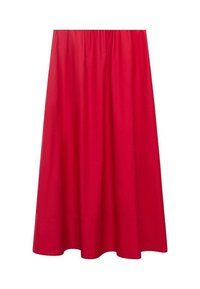 Gonna rossa, lunghezza ginocchio, realizzata in tessuto liscio. Presenta un elastico in vita e una forma svasata. Colore uniforme, senza motivi o decorazioni.