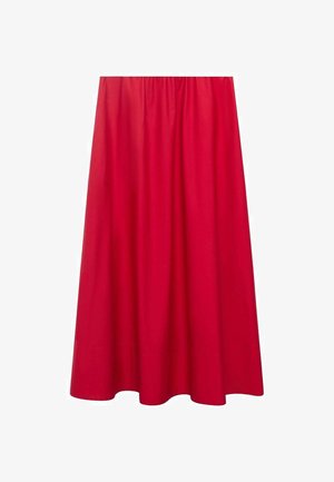 Falda roja, de longitud hasta la rodilla, hecha de una tela suave. Presenta una cinturilla elástica y una forma acampanada y fluida. Color sólido, sin patrones ni acentos.