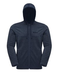 Felpa con zip di colore navy realizzata in tessuto testurizzato, con zip frontale, cappuccio con cordino e logo sulla parte sinistra del torace.