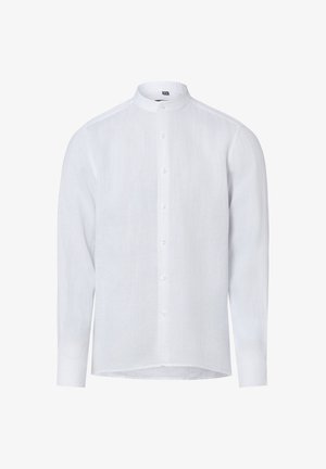 Weißes langärmliges Hemd mit Knopfleiste, Stehkragen und normalen Manschetten, dargestellt vor einem schlichten weißen Hintergrund.