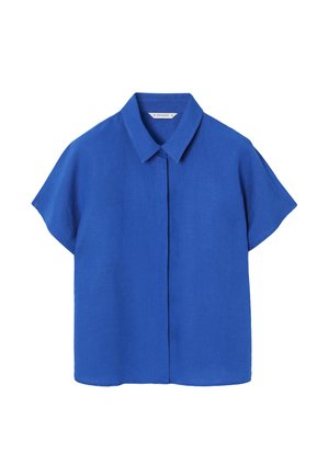 Kurze, kobaltblaue Hemd mit Knöpfen, weiter Kragen und verdeckter Frontleiste, flach auf weißem Hintergrund dargestellt.