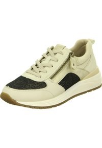 Sneaker beige e nera con tomaia in tessuto testurizzato, dettagli in pelle, punta rotonda, lacci davanti e zip laterale. Suola in gomma.