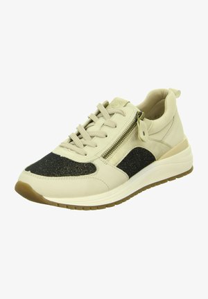 Baskets beiges et noires avec une tige en tissu texturé, des accents en cuir, un bout rond, un laçage à l'avant et un détail de zip sur le côté. Semelle en caoutchouc.