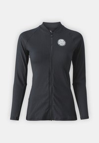 Black ribbed long-sleeve rash guard with a front zipper. Features a round logo on the chest. Material appears stretchy and sleek.