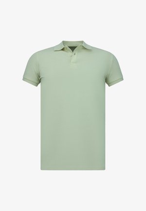 Lichtgroen poloshirt met korte mouwen, twee knopen en een klassieke kraag op een witte achtergrond.