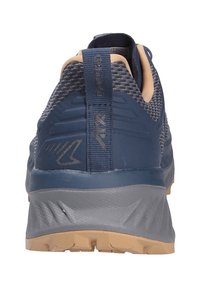 Marineblaue und graue Sportschuh mit einem strukturierten Mesh-Obermaterial, festem Fersenteil und einer hellbraunen Gummisohle. Verfügt über einen Zugriegel an der Ferse für einfaches Anziehen.