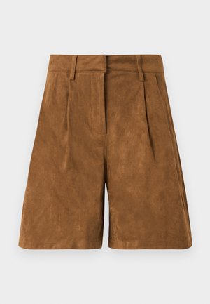 Shorts de ante marrón con una textura suave, que presentan pliegues frontales, cinturilla plana y un corte recto.