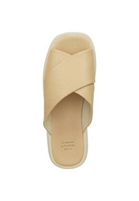 Beige cross-band slide sandal with a smooth leather upper and a cushioned insole, featuring a subtle logo and rounded shape.