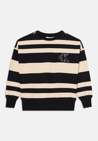 Maglione a righe in design blu navy e crema, con collettino girocollo a costine, maniche lunghe e un piccolo logo ricamato sul petto.