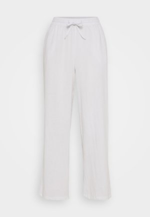 Valged linased püksid, millel on paeltega vöökoht, lõdva istuvuse ja sirge jala disainiga. Sile tekstuur, ilma nähtavate mustrite või aktsentideta.