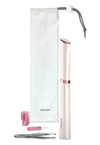 Appareil d'épilation Philips en rose clair et blanc, avec une forme cylindrique élégante. Comprend une pince à épiler argentée, une pochette de rangement rose et un accessoire peigne.