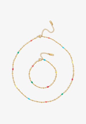 Gold-toned chain necklace and matching bracelet with oval links and small multicolored beads including red, green, yellow, and blue.