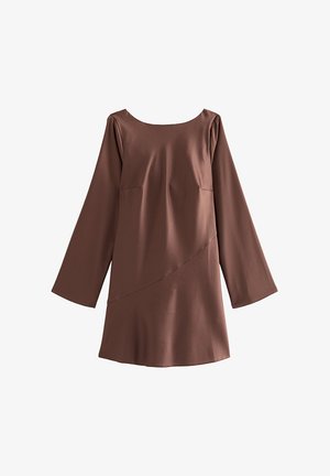 Brown long-sleeve dress with a wide neckline and subtle diagonal seam detail across the front, knee-length with a straight hem.