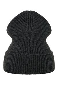 Sort strikket hue med ribbet tekstur, spids top og foldet kant, lavet af blødt, varmt materiale, der egner sig til koldt vejr.