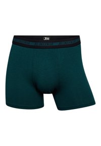 Teal boxer briefs med en sort elastisk talje, der har "JBS UNDERWEAR" logo. Fremstillet af blødt stof med en glat tekstur, midt- lår længde.