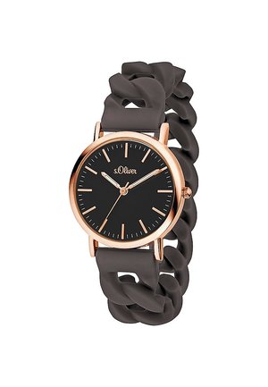 Rundes schwarzes Zifferblatt mit goldenen Stundenmarkierungen und Zeigern, gebrandet mit s.Oliver, kombiniert mit einem massiven schwarzen Gliederarmband.