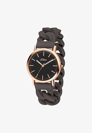 Cadran de montre rond noir avec des index et aiguilles dorés, marque s.Oliver, associé à un bracelet à maillons en chaîne noire épaisse.