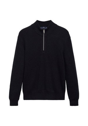 Suéter negro de manga larga con canalé y cuello con media cremallera, confeccionado en tejido de punto, diseñado para uso casual.