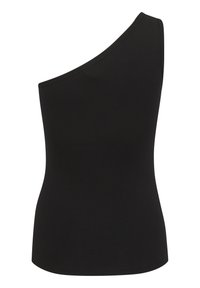Čierny rebrovaný top bez rukávov s asymetrickým dizajnom na jednom pleci a priliehavým strihom, so hladkou textúrou a čistými okrajmi.