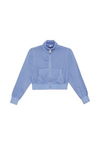 Helles blaues, kurzes Zip-Up-Jackett aus weichem Stoff, mit hohem Kragen, zwei Fronttaschen und gerippten Bündchen sowie Saum.