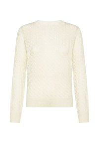 Maglione crema a trecce con maniche lunghe, scollatura rotonda e polsini a costine. Morbida texture e motivo classico in tutto il capo.