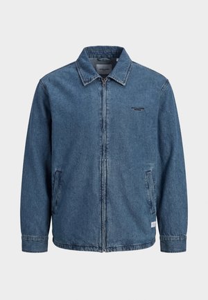 Džinsa zilas zip-up jakas ar apkakli, garām piedurknēm, divām priekšējām kabatām un mazu melnu "Jack & Jones" logotipu kreisajā krūtīs.