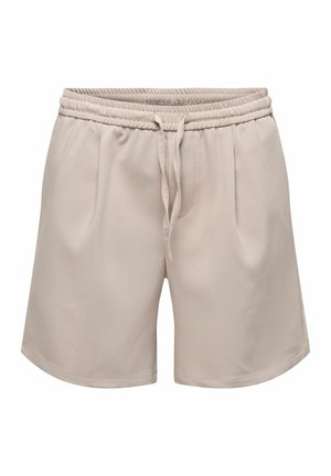 Shorts beiges décontractés avec taille élastique et cordon, présentant des plis latéraux et une texture de tissu lisse.