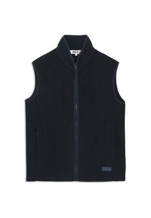 Navy blue fleece vest with a high collar, full front zipper, and side pockets. Features a soft texture and minimalistic design.