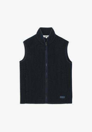 Dunkelblaues Fleece-Westen mit hohem Kragen, vollem Reißverschluss auf der Vorderseite und Seitentaschen. Merkmale sind eine weiche Textur und ein minimalistisches Design.
