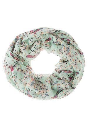 Lysegrøn cirkulær tørklæde med lyserøde og lilla fugle samt blomsterprint, blødt og gennemsigtigt stof, arrangeret i en løkke.